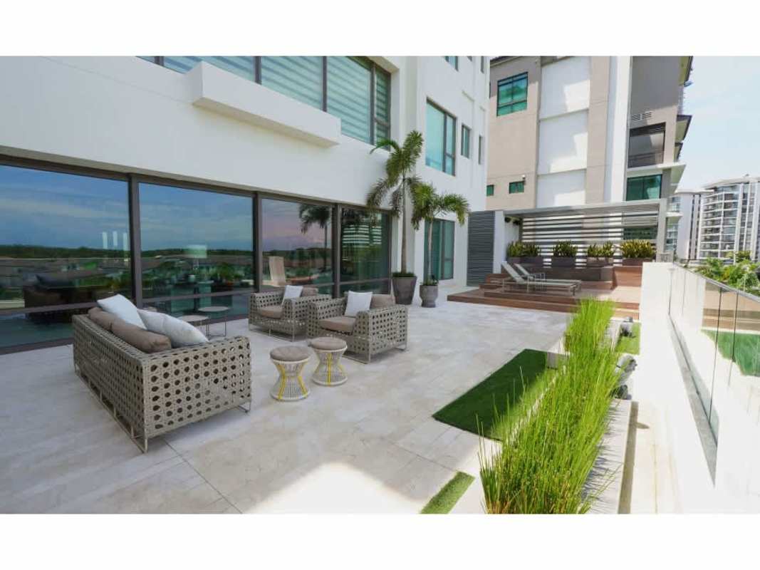 Modern gourmet kitchen with island, Sub-Zero appliances, marble finishes at Lakeview Santa Maria Panama