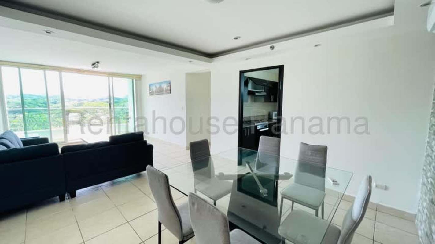 Open concept living and dining with modern furnishings in Clayton Park rental Panama