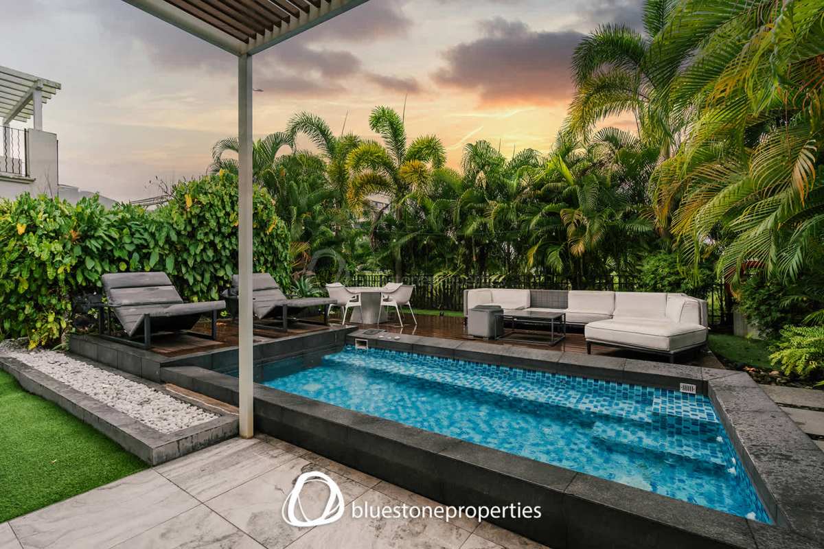 Spacious modern kitchen with quartz countertops and premium appliances in luxury house Panama