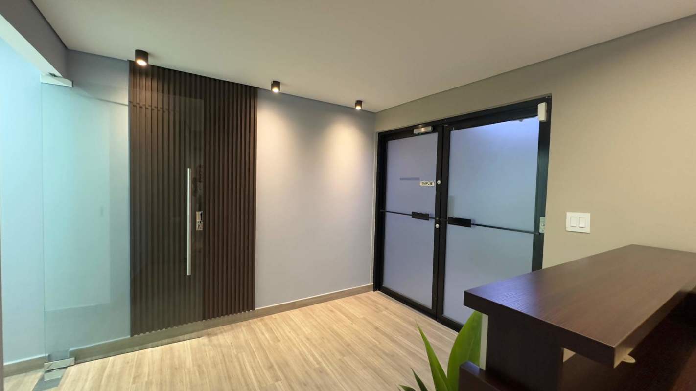 Modern minimalist reception lobby with wood accents and frosted glass doors at BICSA Tower Panama