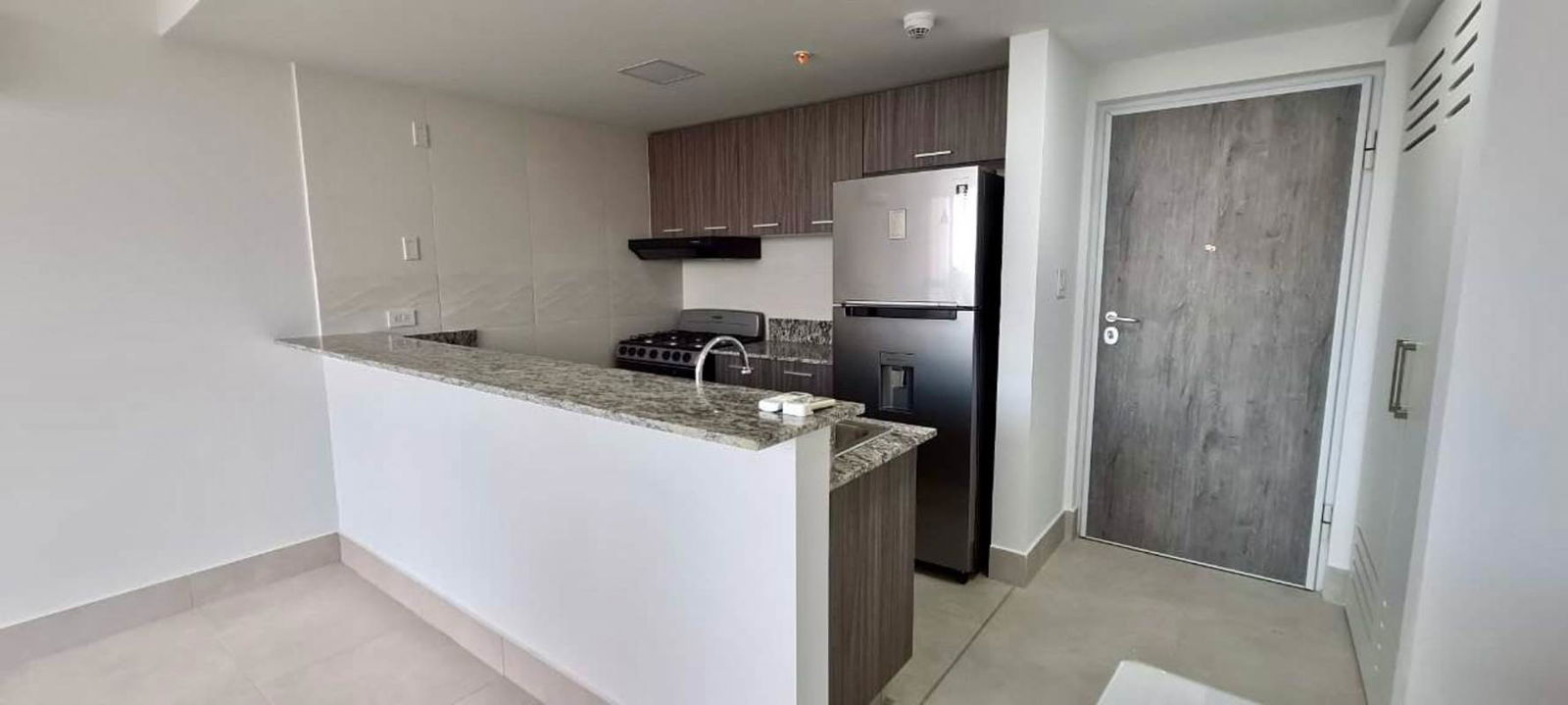 Modern kitchen with granite countertops, built-in stove, stainless appliances at PH Greenwood Towers Condado del Rey Panama