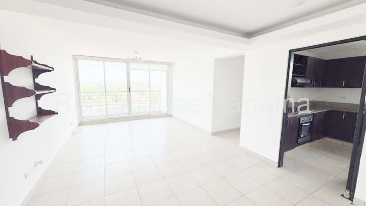 Master bedroom with built-in wardrobe split AC and garden view window in Clayton Panama