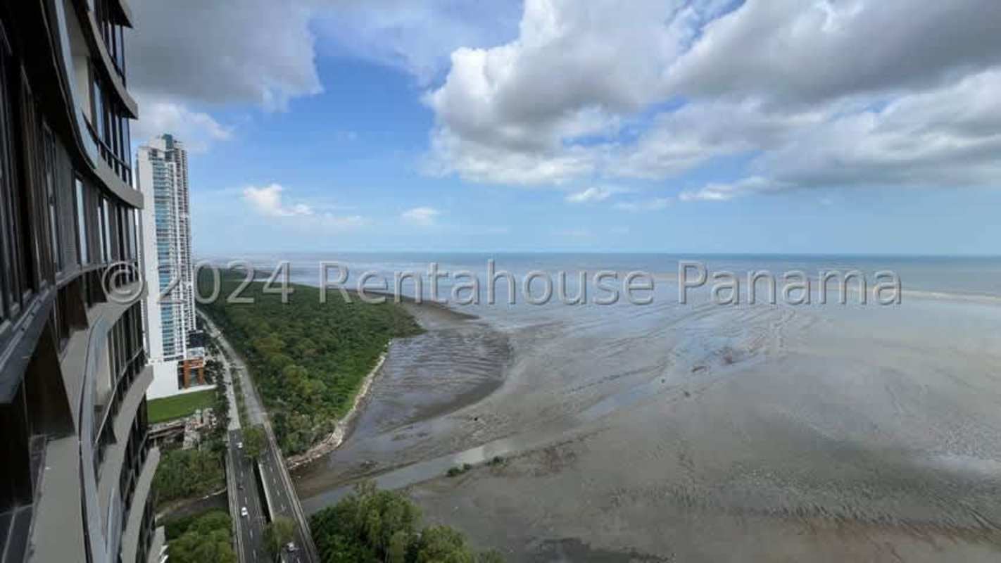 Aerial waterfront high-rise buildings ocean view in Costa del Este Panama