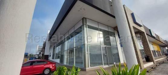 Glass front modern commercial plaza Uniplaza Costa Verde Panama rental retail units