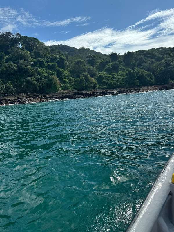 Lush tropical coastline with rocky beachfront for land sale on Taboga Panama