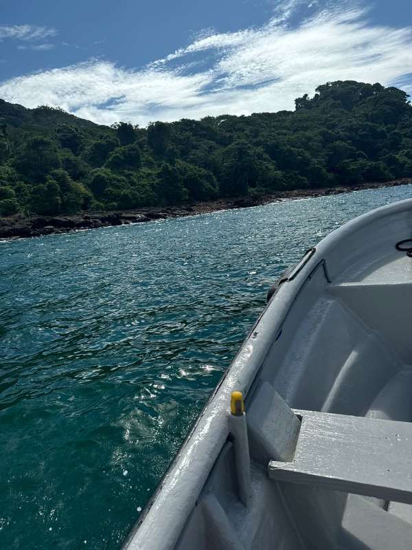 View from boat towards lush green coast at Taboga Island land Panama