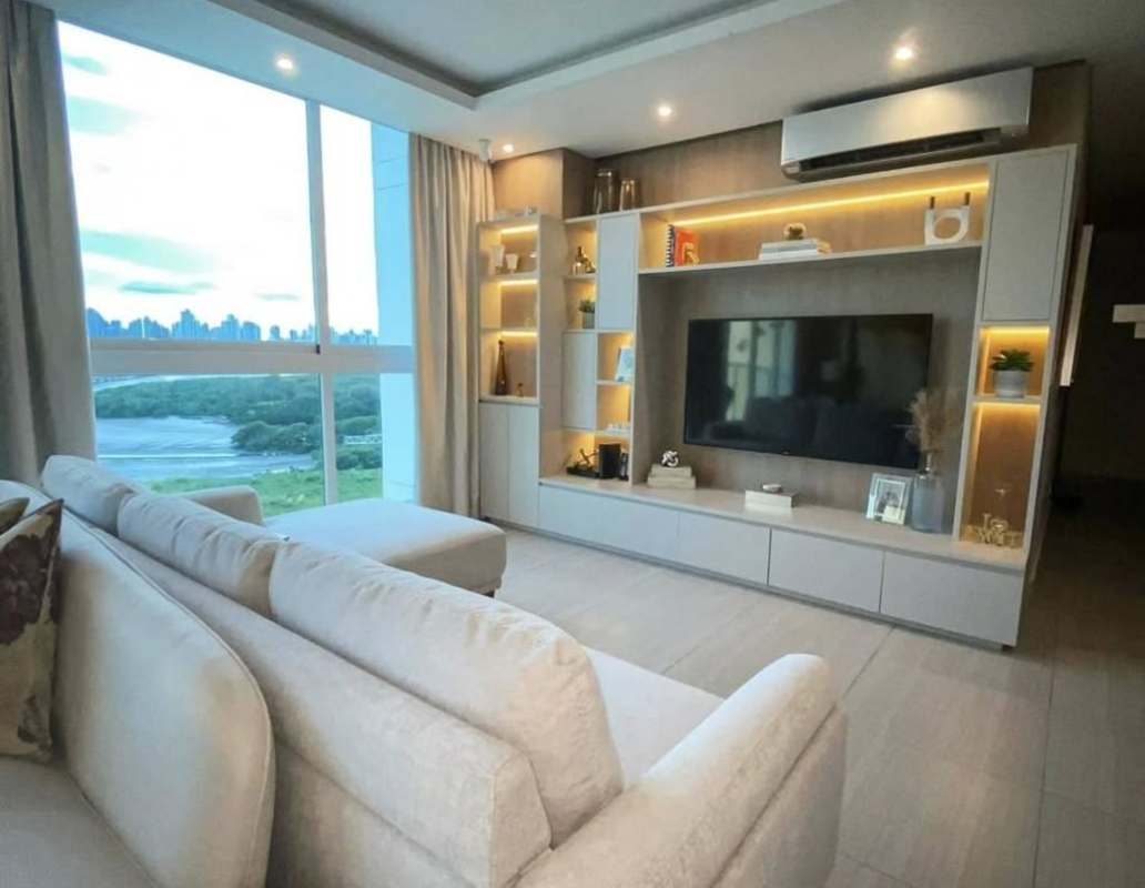 Apartment living room with panoramic skyline and ocean views through large windows PH Asia Costa del Este Panama
