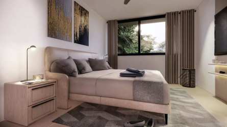 Modern bright open living dining area with terrace view in PH Imaterra Panama Pacifico