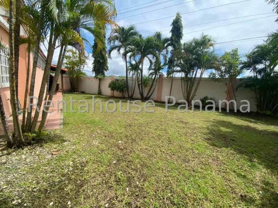 Spacious garden area with palm trees and privacy wall in PH Villa Valencia, Costa Sur Panama