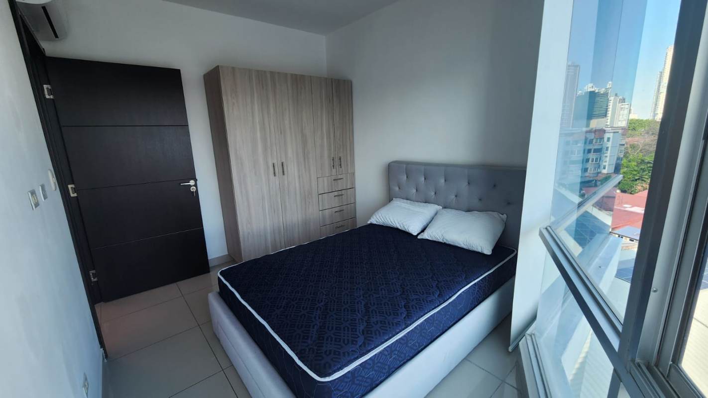 Modern bedroom with window city view air conditioning Costa del Este Panama