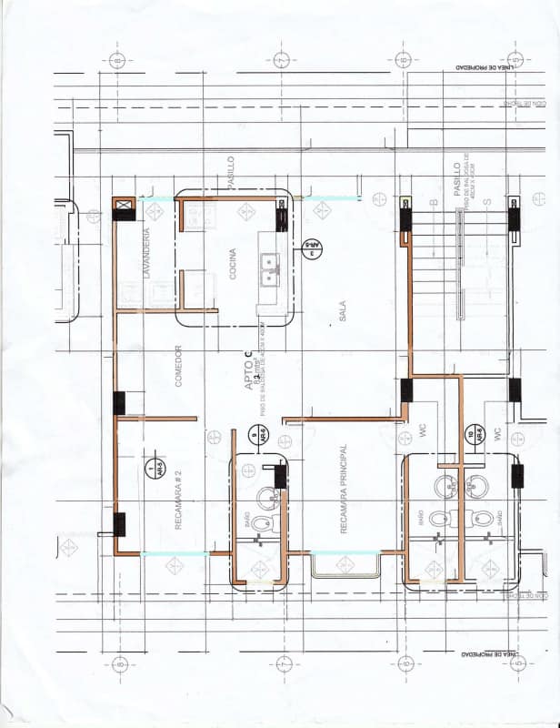 Architectural layout of 2 bedroom, 2 bath apartment with living, kitchen, laundry, balcony