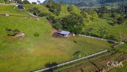 Aerial of fenced rural pasture with shelter and mountain panorama in Volcán Panama land for sale