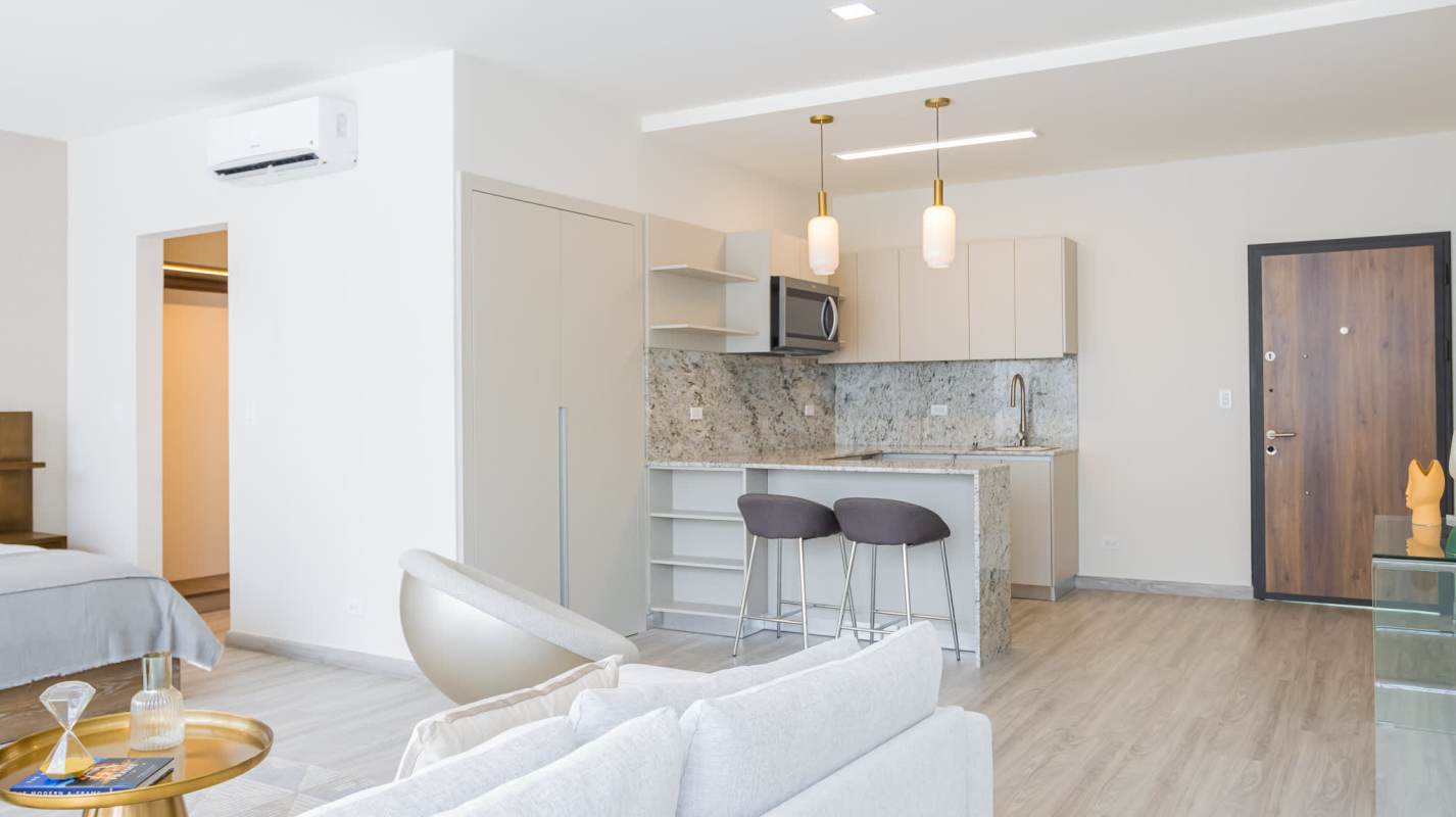 Modern gym with cardio machines weights and park views at PH Arcadia Costa del Este Panama