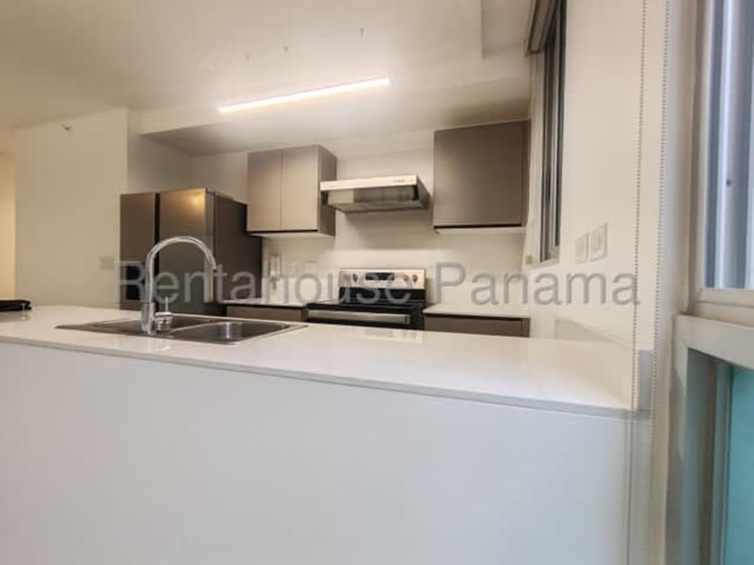 Modern kitchen with white cabinets, stainless steel appliances, large window PH Obarrio Skyline