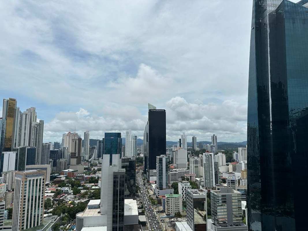 Skyline aerial showing Panama City skyscrapers with F&F Tower in financial district