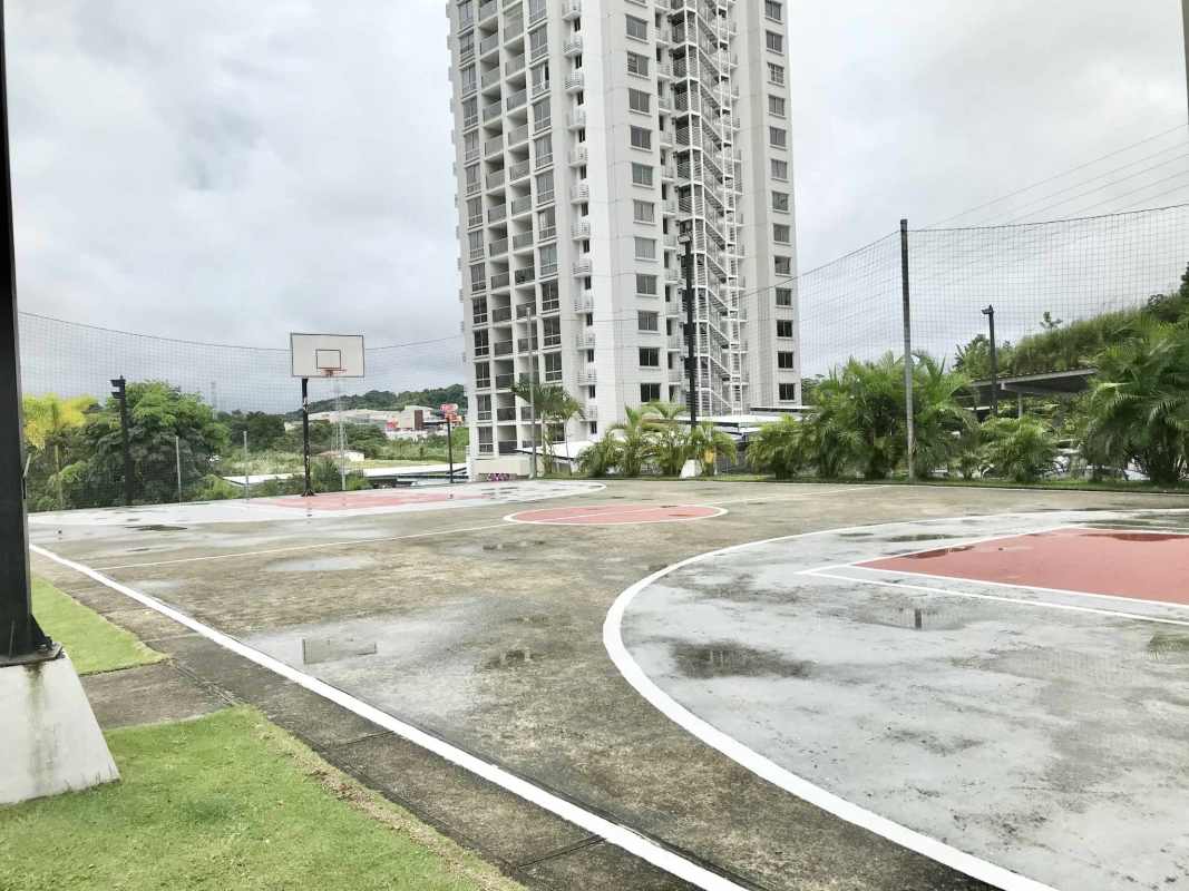 Colorful kid's slides and play equipment at PH Rokas residential complex Panama