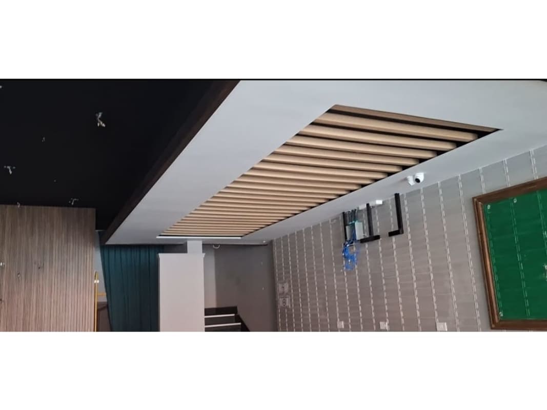 Contemporary interior wood ceiling accent striped walls stairs commercial premises San Francisco Panama