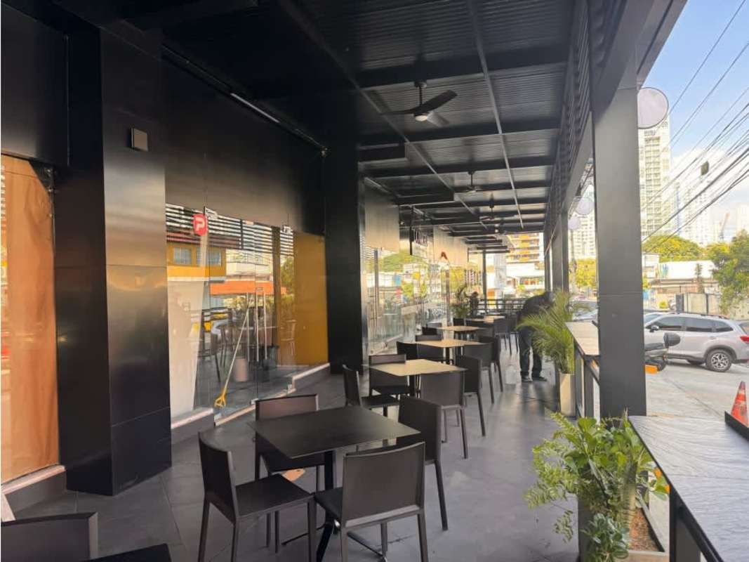 Covered terrace with outdoor fans and bar counter storefront San Francisco Panama commercial space rental