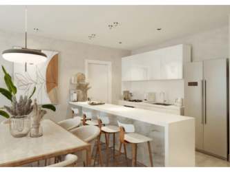 Bright dining area with modern kitchen white cabinetry PH Explora Tower 2 Panama
