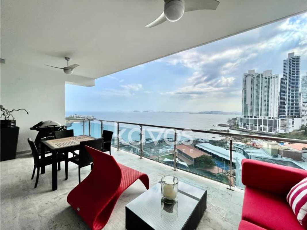 Large oceanfront balcony with glass railings overlooking Pacific Ocean at PH Aqualina Panama