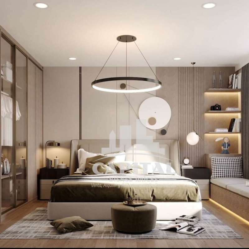 Modern bedroom with floor-to-ceiling glass wardrobe and built-in shelves at PH Lemon Bella Vista Panama