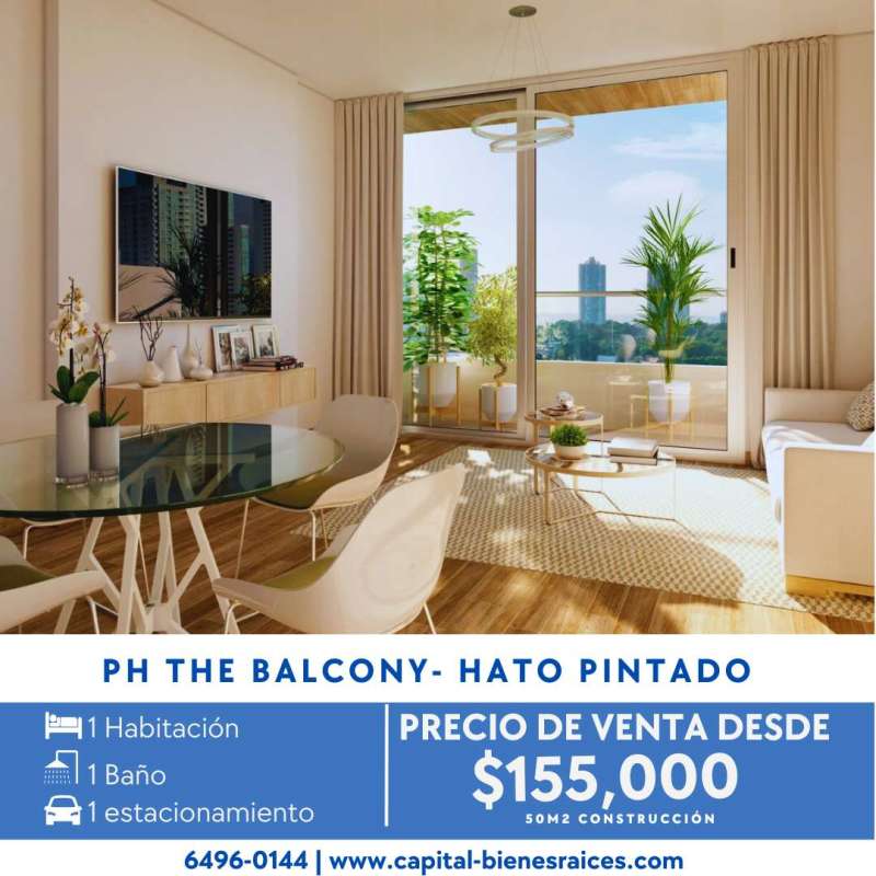 Living room with dining, glass doors to balcony full of plants PH The Balcony Panama