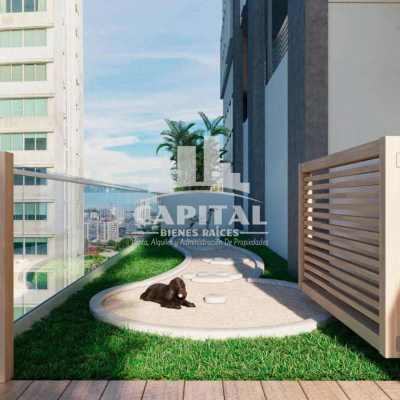 Modern balcony with pet-friendly grass and city skyline view PH The Balcony Panama