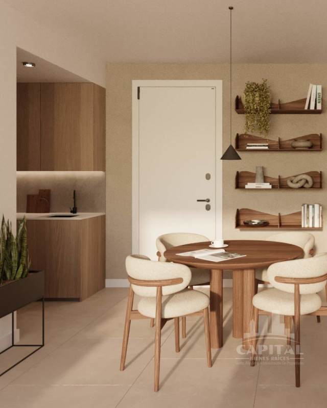 Modern dining with wooden table upholstered chairs open kitchen PH Terrano Panama
