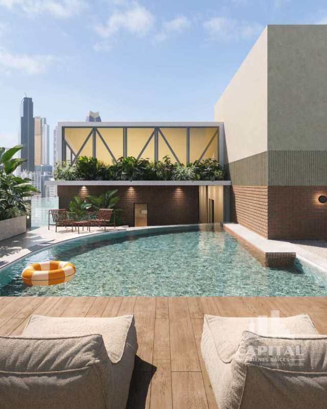 Infinity swimming pool on rooftop overlooking Panama skyline PH Terrano El Cangrejo