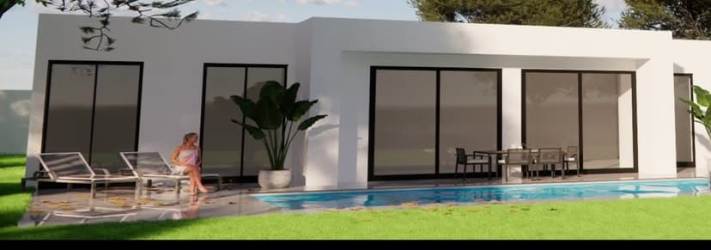 Modern minimalist villa exterior with pool, glass doors, landscaped garden La Chorrera Panama