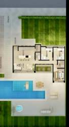 Overhead layout of modern villa featuring outdoor pool, multiple bedrooms and open design