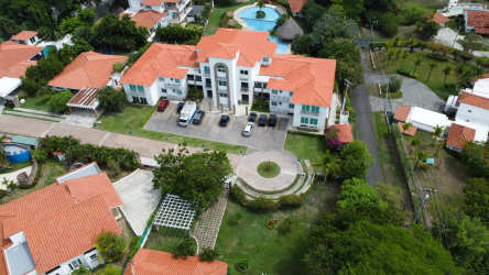 Luxury garden apartment covered terrace relaxing outdoor dining Punta Barco Village Panama