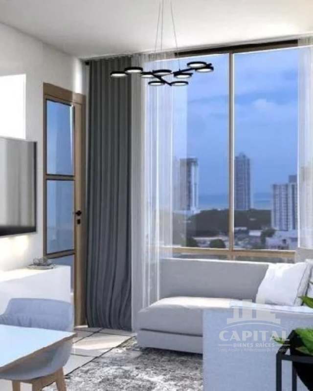 Living dining room with large windows overlooking Panama skyline PH Oasis Zen