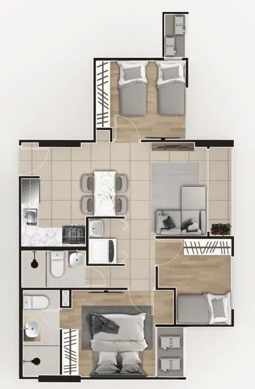 Three-bedroom apartment floor plan open living modern Panama