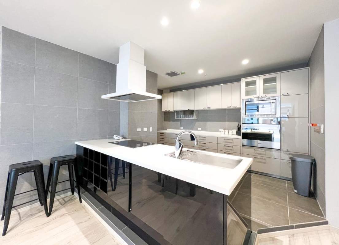 Spacious living dining room with ocean views furnished Grand Tower Punta Pacifica