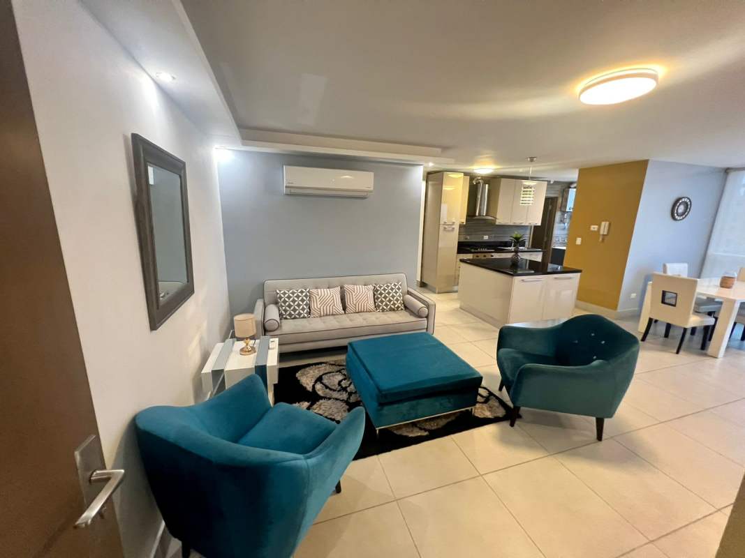 Modern kitchen with granite countertops, island and stainless appliances in PH Terrace Tower Obarrio Panama