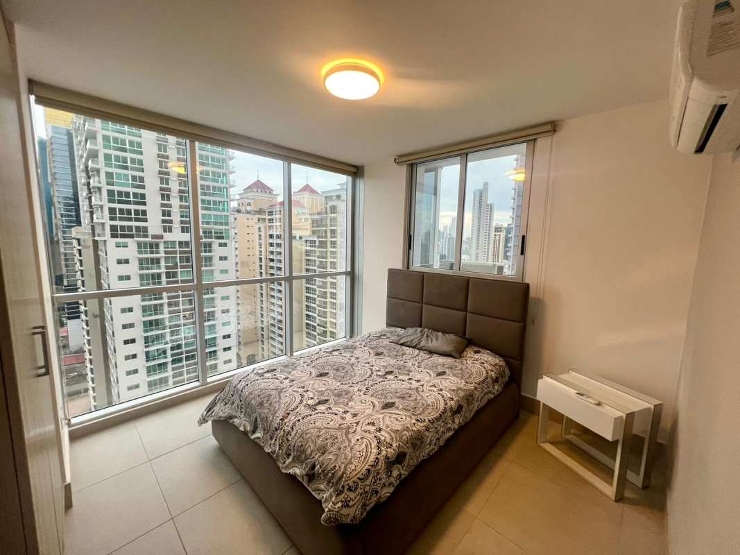 Bright second bedroom with large window in PH Terrace Tower Obarrio Panama City