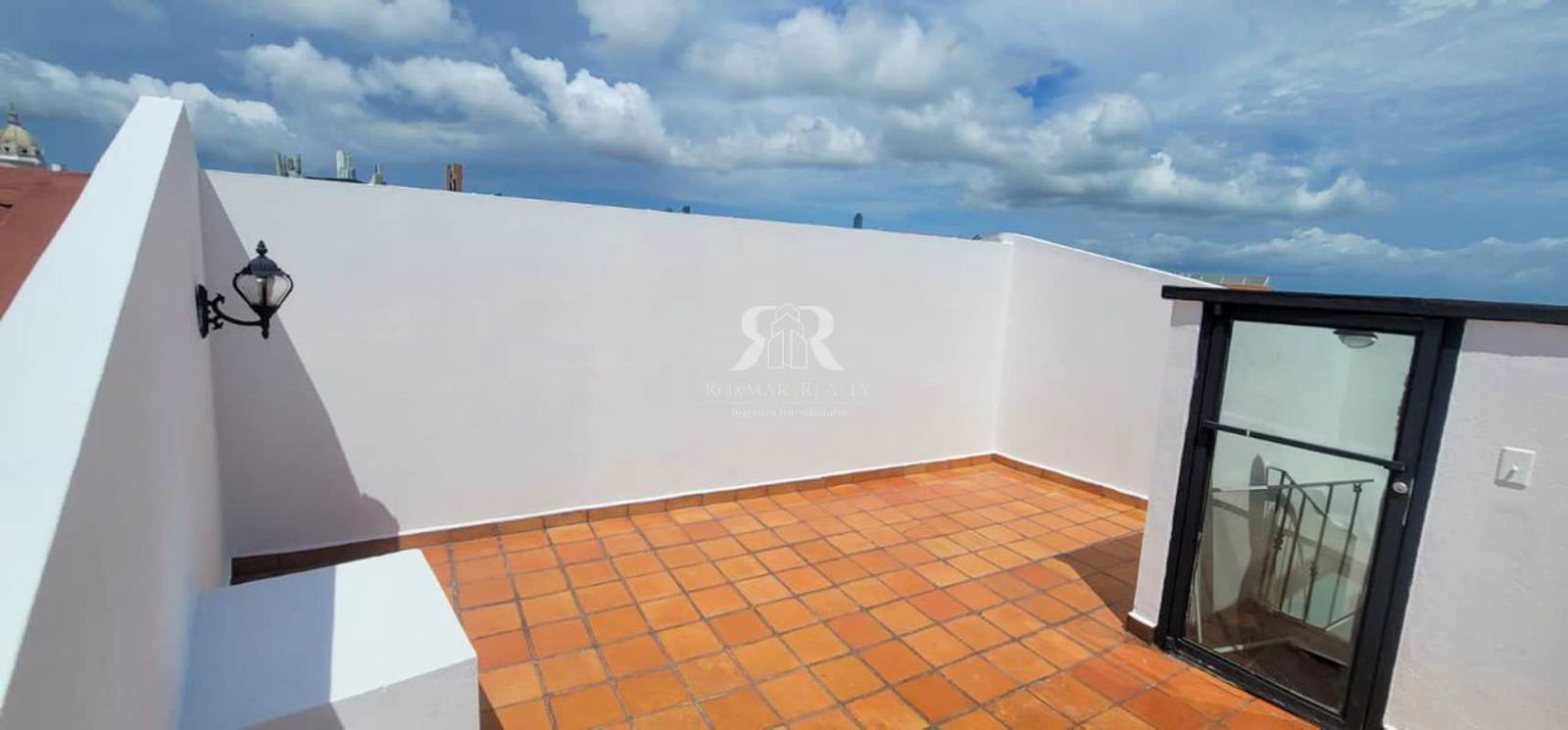 Rooftop terrace overlooking Panama skyline in historic Casco Viejo