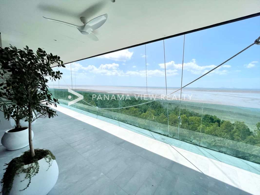 Elegant marble entrance hall with ocean view from Upper East luxury apartment Panama City