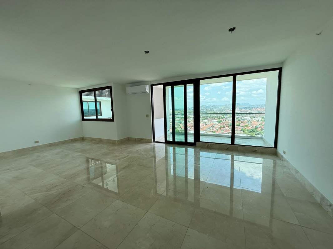 Spacious living room with marble floors and panoramic windows Santa María Panama