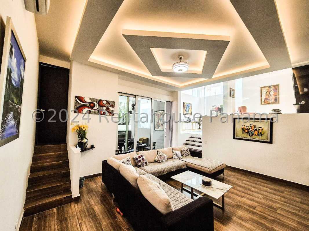 Modern living room open space with staircase luxury minimalist house in Altos del Golf Panama
