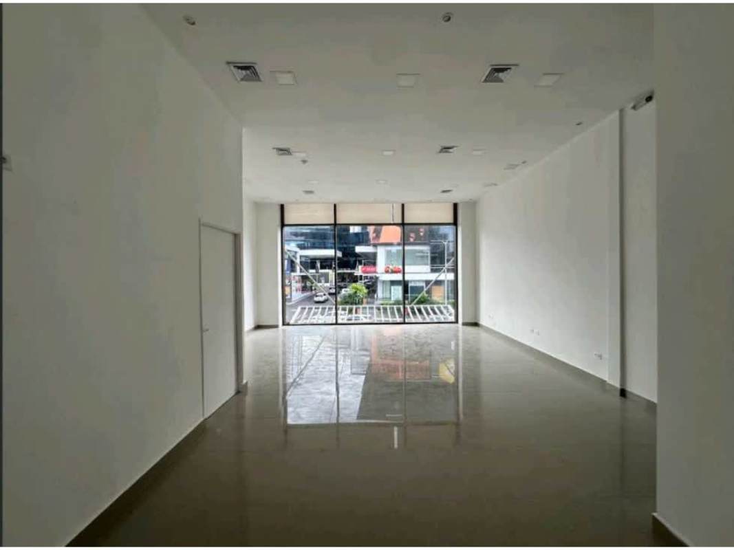 Modern commercial storefront with glass facade parking lot and signage opportunities in Plaza Vía Brasil Panama City