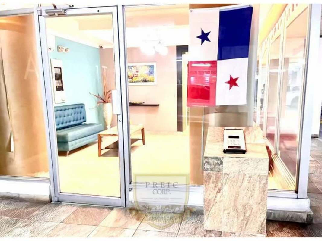 Compact bathroom with glass enclosure shower pedestal sink Central Park Towers Panama