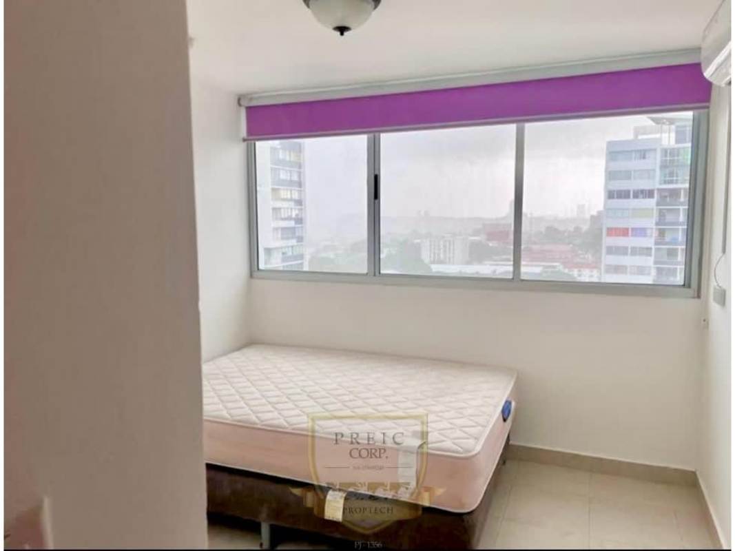 Secondary bedroom bright space with large window roller blind tile floors Central Park Apartments Panama City