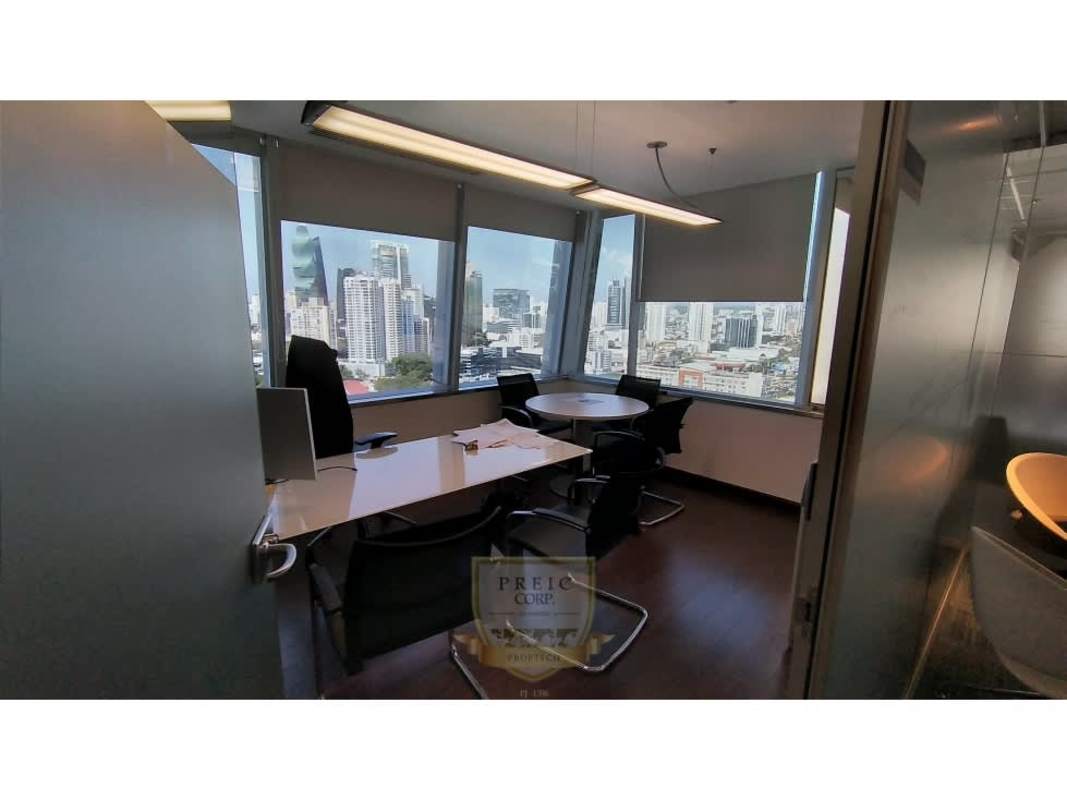 Elegant reception area lobby with seating at Torre de Las Americas office building Panama