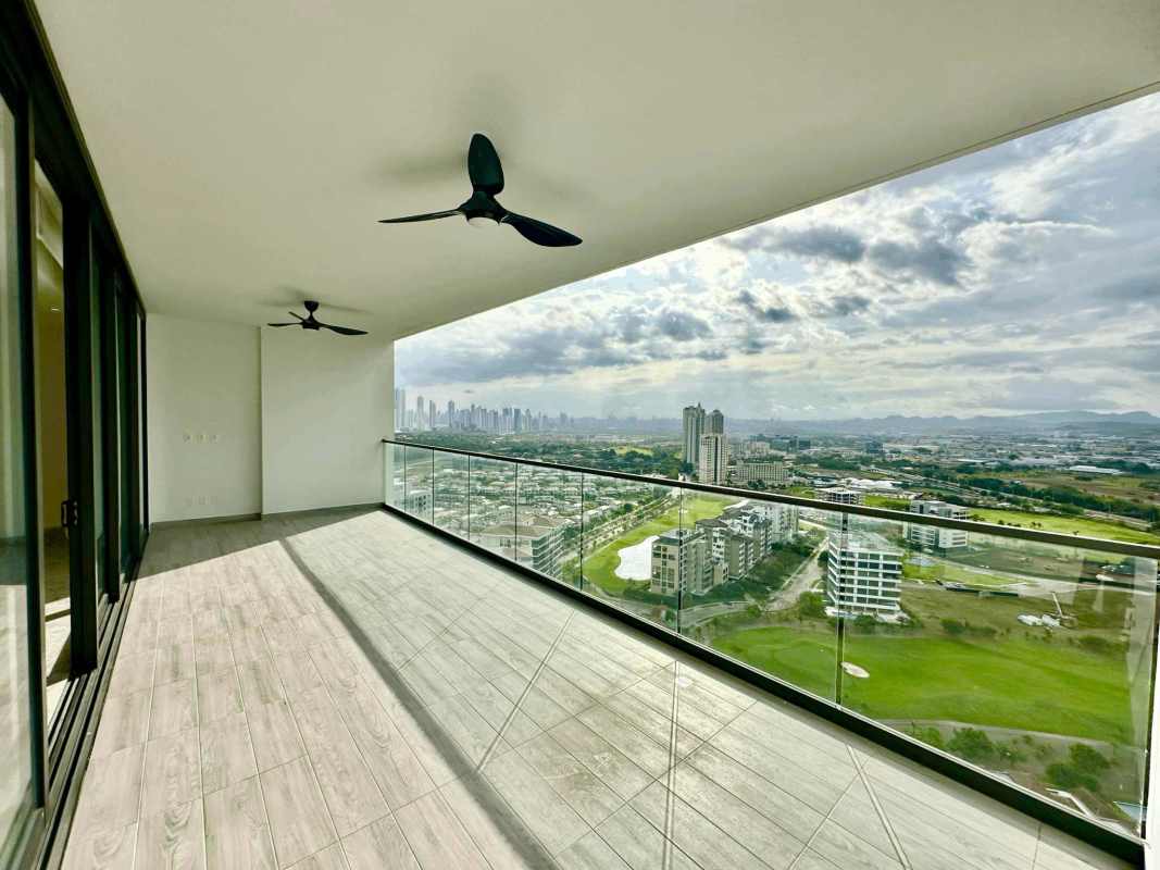 Large balcony high-rise condo with panoramic views and ceiling fans Empire Residences Panama City