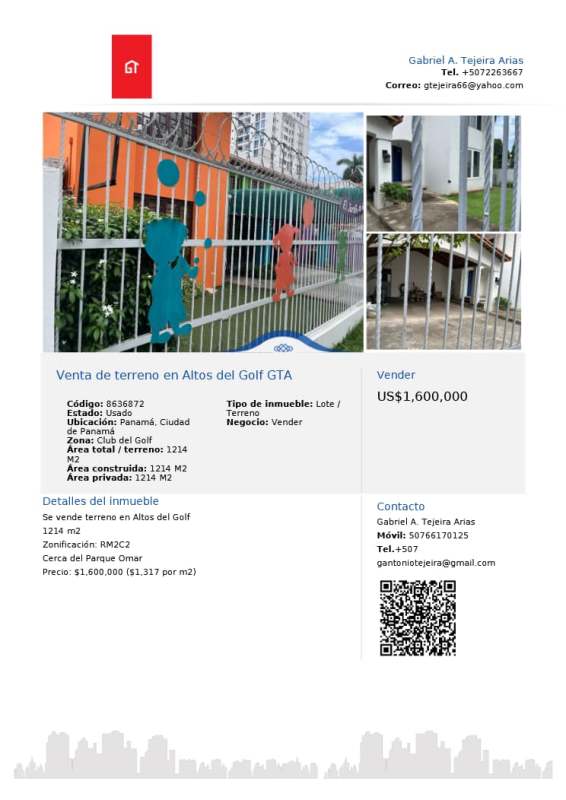 Land for sale Altos del Golf, fenced area with decorative design, flat terrain, trees, near Panama City center