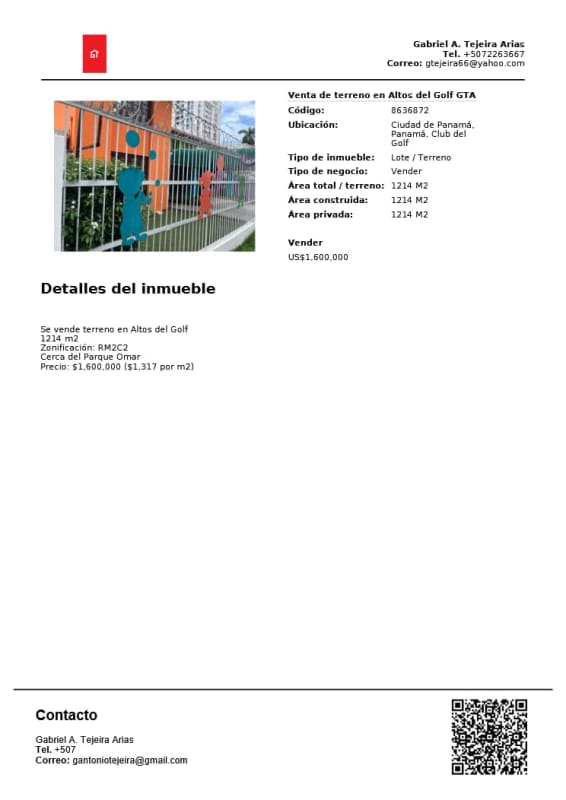 Landscape of fenced flat land with trees in upscale neighborhood Altos del Golf close to Parque Omar Panama