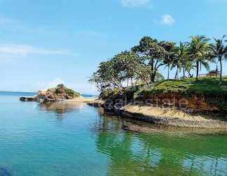 Sandy and rocky beachfront surrounded by lush palms on Caribbean coast in Nuevo Chagres