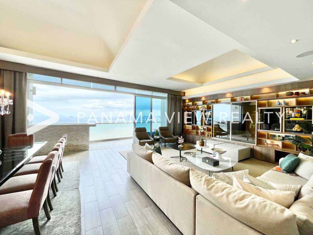 Modern gourmet kitchen with quartz countertops, stainless steel appliances in The Pearl Costa del Este Panama